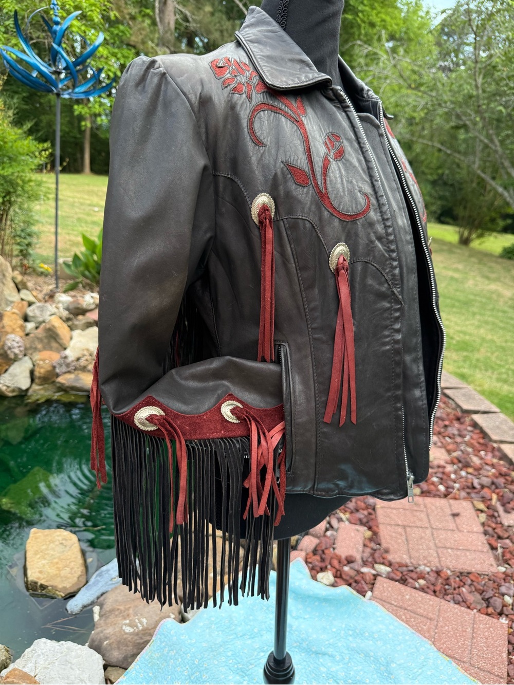 Black Leather Bomber Jacket with Red Fringe & Embroidered Accents - Picture 4 of 11